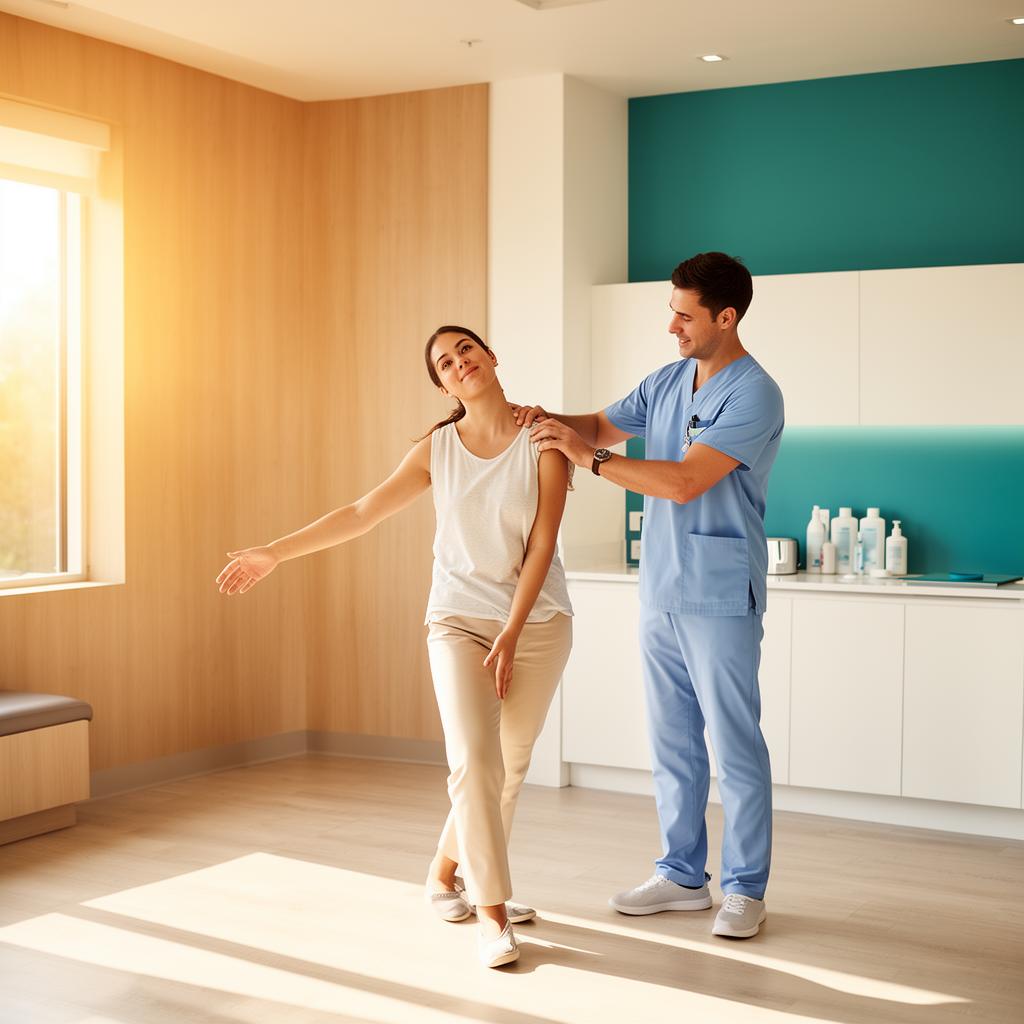 Physical therapist guiding a patient through balance rehabilitation in a modern Louisville clinic